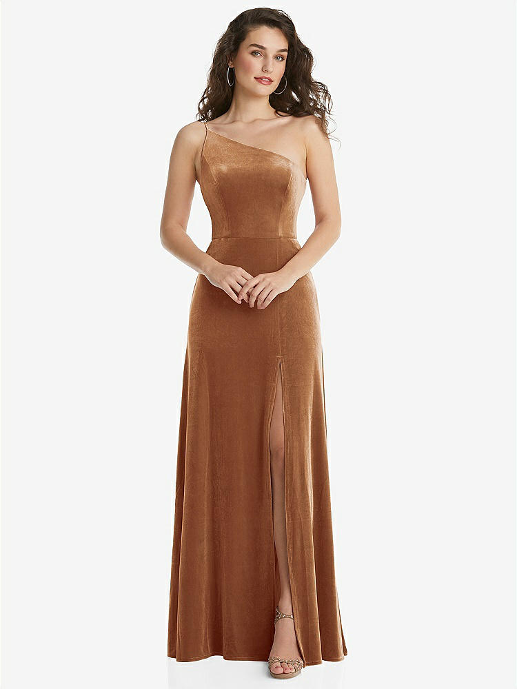 【STYLE: 1556】One-Shoulder Spaghetti Strap Velvet Maxi Dress with Pockets【COLOR: Golden Almond】
