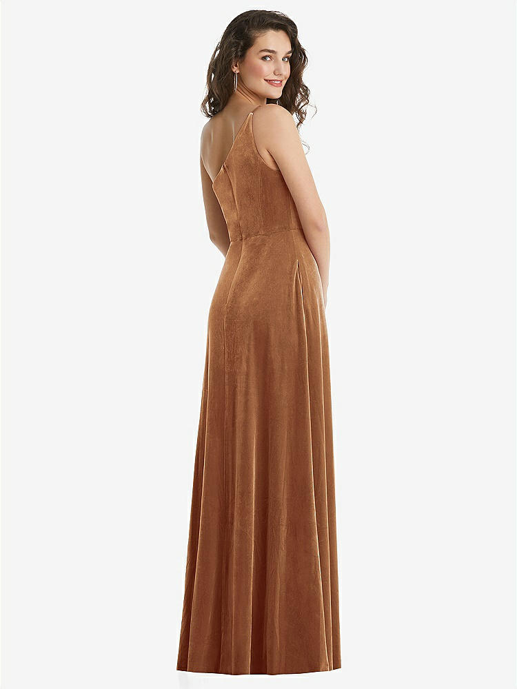 【STYLE: 1556】One-Shoulder Spaghetti Strap Velvet Maxi Dress with Pockets【COLOR: Golden Almond】