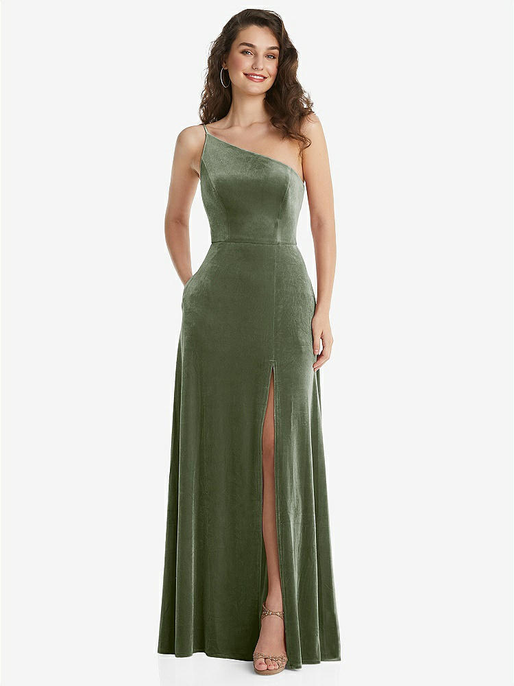 【STYLE: 1556】One-Shoulder Spaghetti Strap Velvet Maxi Dress with Pockets【COLOR: Sage】
