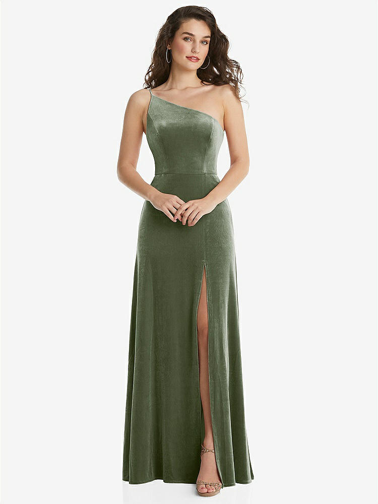 【STYLE: 1556】One-Shoulder Spaghetti Strap Velvet Maxi Dress with Pockets【COLOR: Sage】