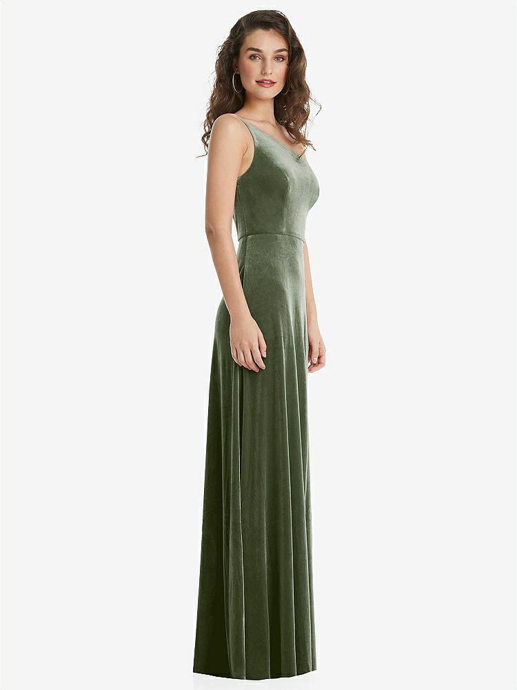 【STYLE: 1556】One-Shoulder Spaghetti Strap Velvet Maxi Dress with Pockets【COLOR: Sage】