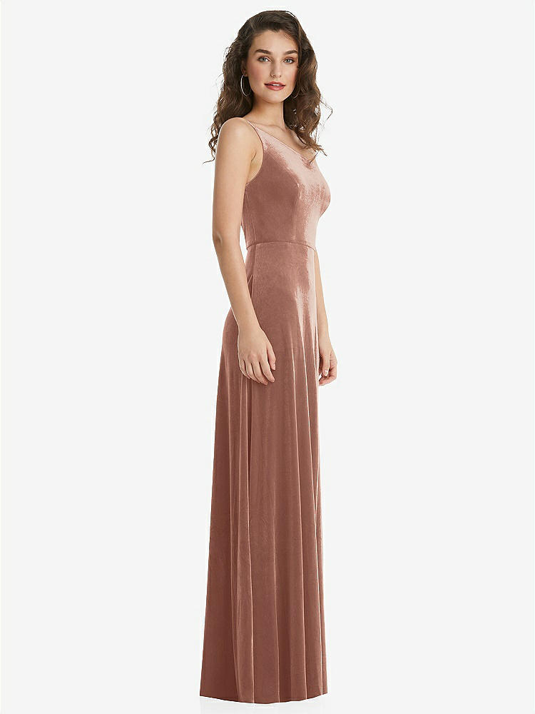 【STYLE: 1556】One-Shoulder Spaghetti Strap Velvet Maxi Dress with Pockets【COLOR: Tawny Rose】