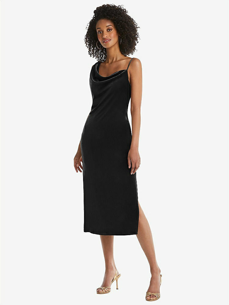【STYLE: 8212】Asymmetrical One-Shoulder Velvet Midi Slip Dress【COLOR: Black】