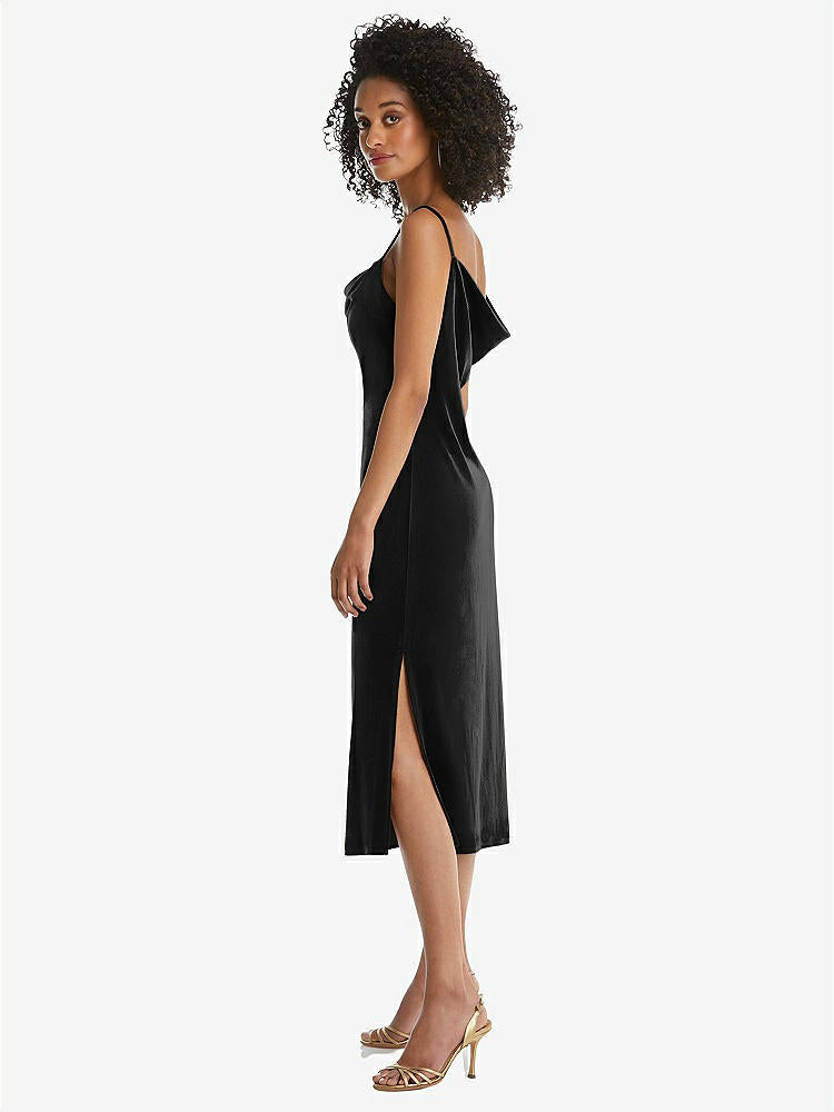 【STYLE: 8212】Asymmetrical One-Shoulder Velvet Midi Slip Dress【COLOR: Black】