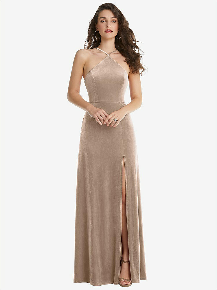 【STYLE: LB034】High Neck Halter Open-Back Velvet Dress - Alix【COLOR: Topaz】