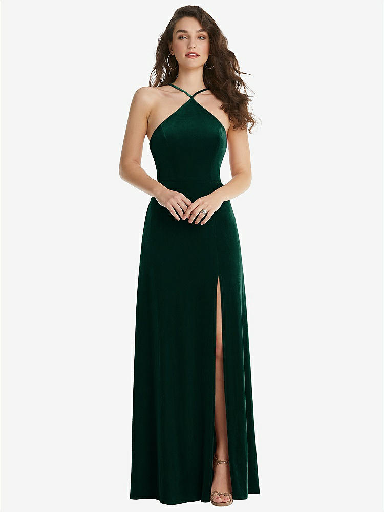 【STYLE: LB034】High Neck Halter Open-Back Velvet Dress - Alix【COLOR: Evergreen】