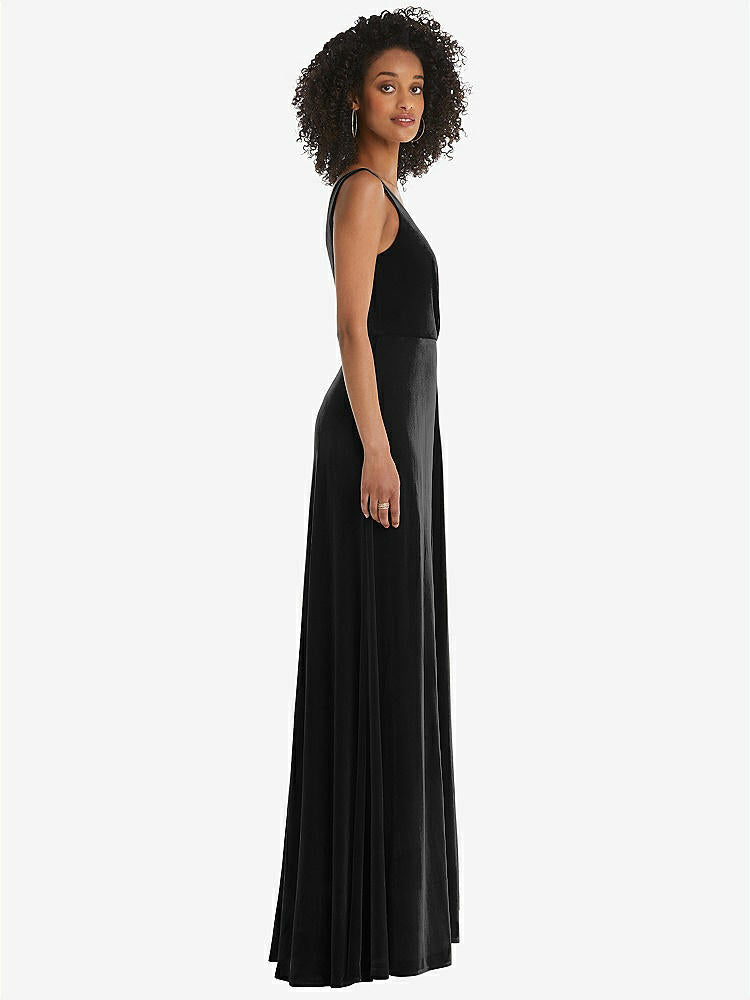 【STYLE: TH085】Velvet Maxi Dress with Shirred Bodice and Front Slit【COLOR: Black】
