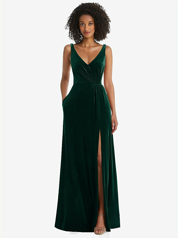 【STYLE: TH085】Velvet Maxi Dress with Shirred Bodice and Front Slit【COLOR: Evergreen】