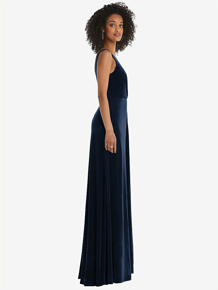 【STYLE: TH085】Velvet Maxi Dress with Shirred Bodice and Front Slit【COLOR: Midnight Navy】