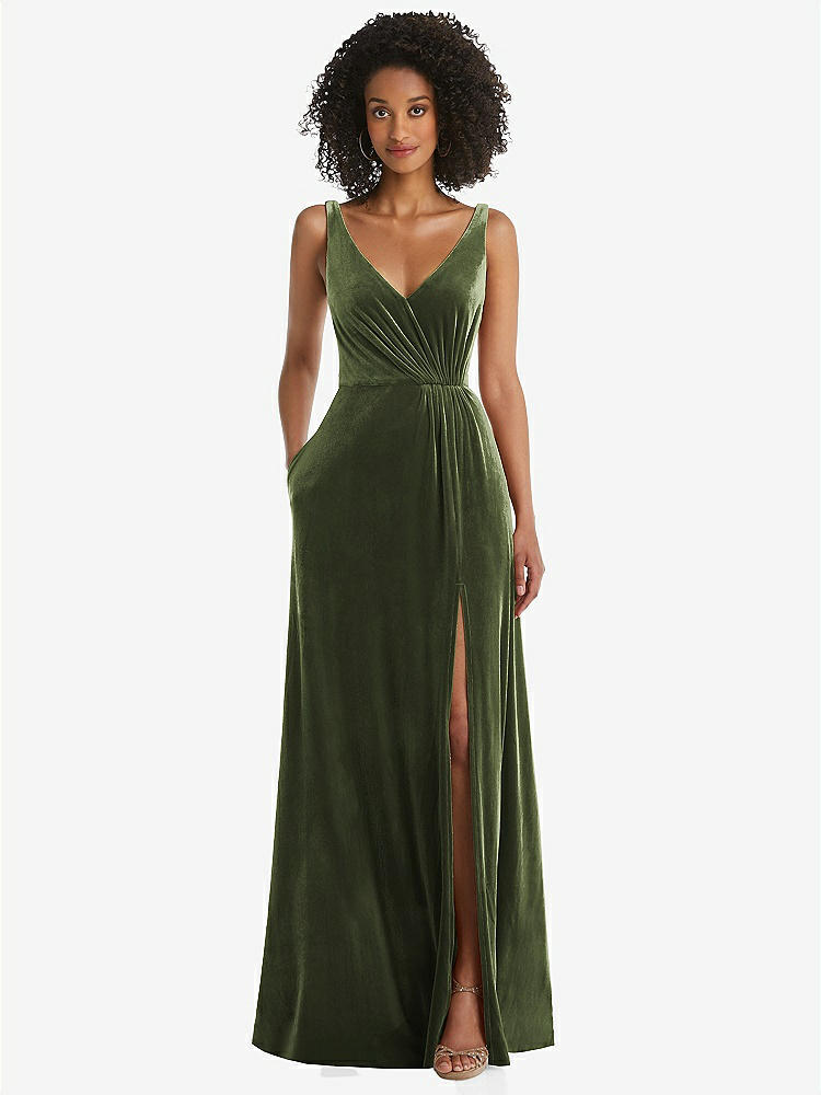 【STYLE: TH085】Velvet Maxi Dress with Shirred Bodice and Front Slit【COLOR: Olive Green】