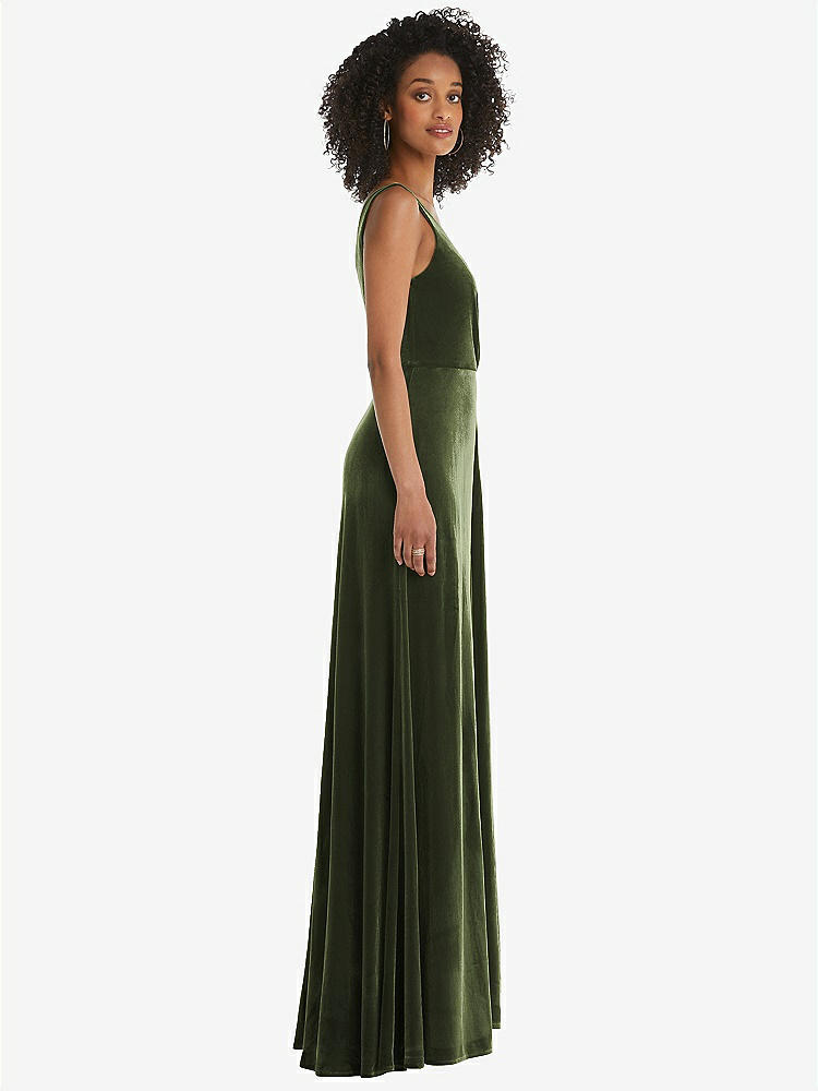 【STYLE: TH085】Velvet Maxi Dress with Shirred Bodice and Front Slit【COLOR: Olive Green】