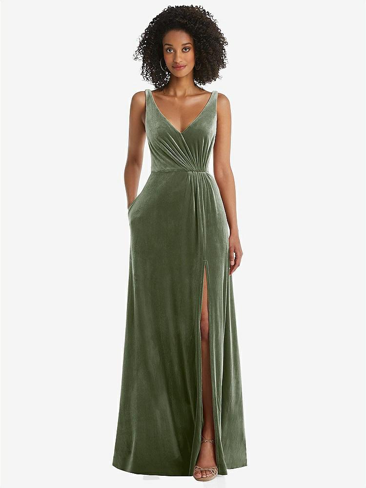 【STYLE: TH085】Velvet Maxi Dress with Shirred Bodice and Front Slit【COLOR: Sage】