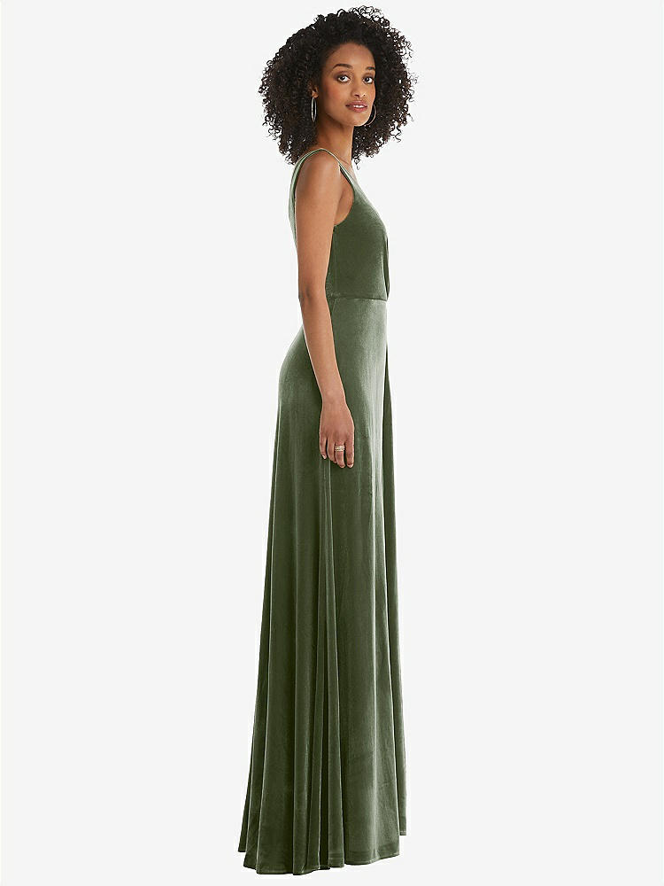 【STYLE: TH085】Velvet Maxi Dress with Shirred Bodice and Front Slit【COLOR: Sage】