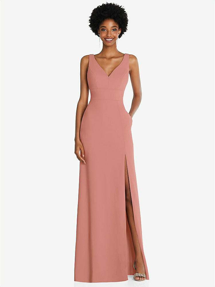 【STYLE: 6857】Square Low-Back A-Line Dress with Front Slit and Pockets【COLOR: Desert Rose】