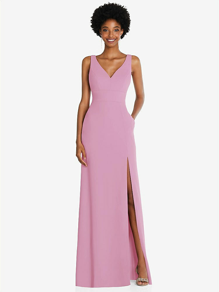 【STYLE: 6857】Square Low-Back A-Line Dress with Front Slit and Pockets【COLOR: Powder Pink】