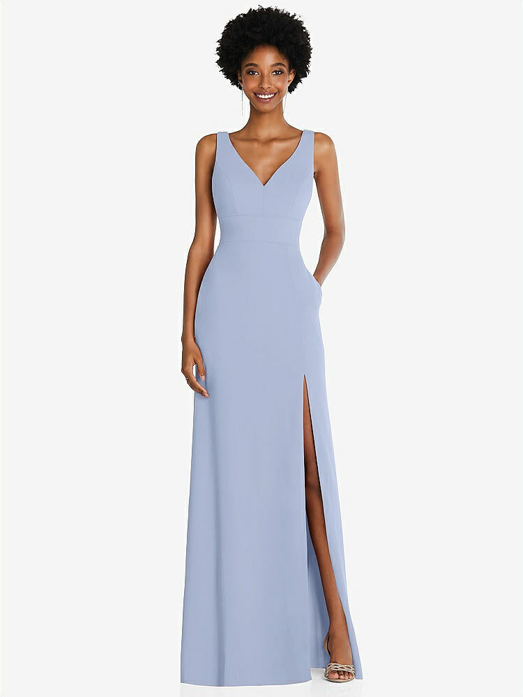 【STYLE: 6857】Square Low-Back A-Line Dress with Front Slit and Pockets【COLOR: Sky Blue】