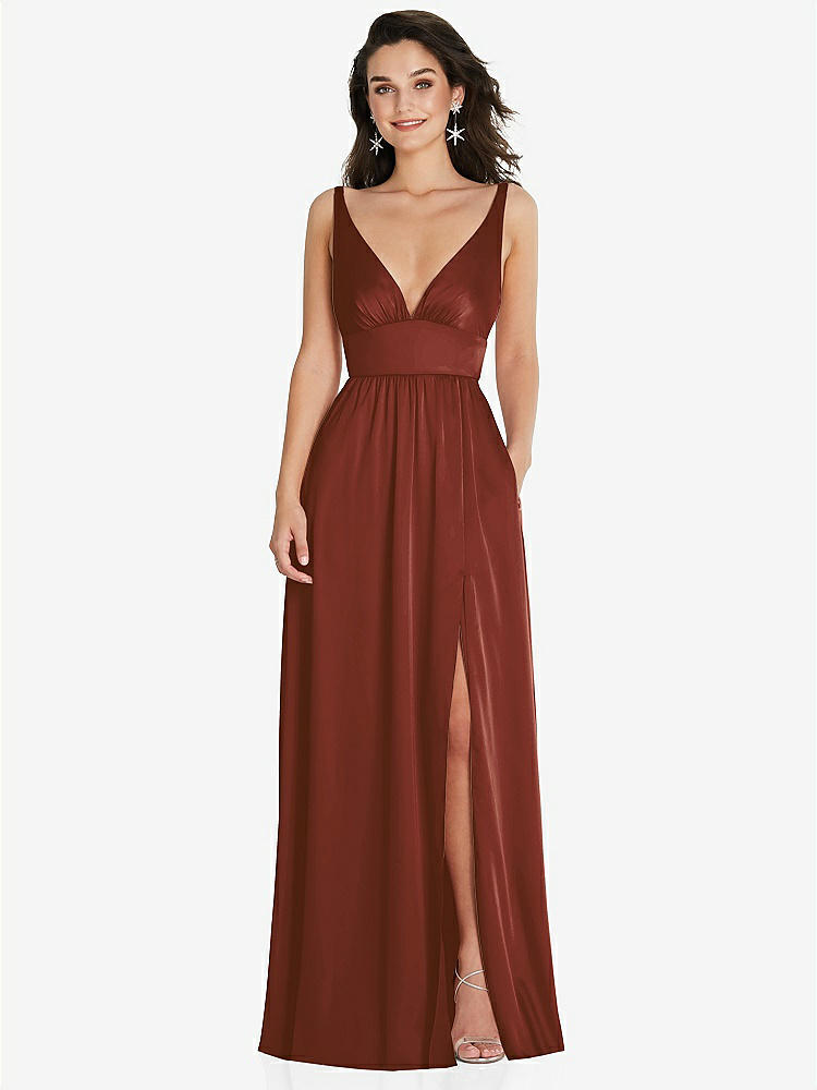 【STYLE: TH093】Deep V-Neck Shirred Skirt Maxi Dress with Convertible Straps【COLOR: Auburn Moon】