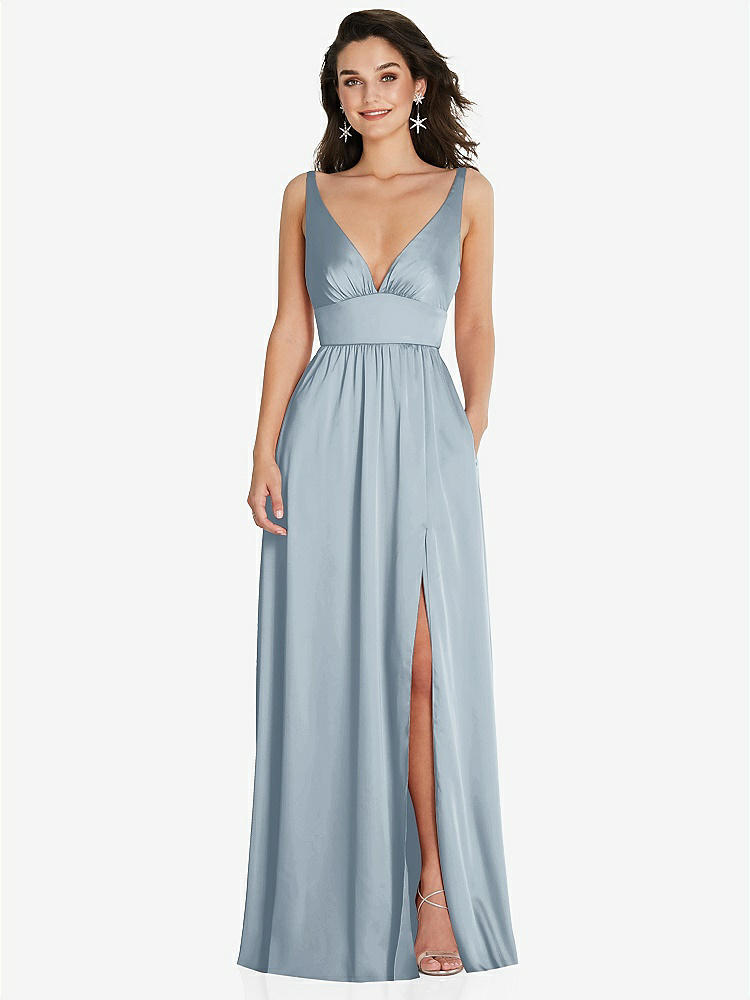 【STYLE: TH093】Deep V-Neck Shirred Skirt Maxi Dress with Convertible Straps【COLOR: Mist】