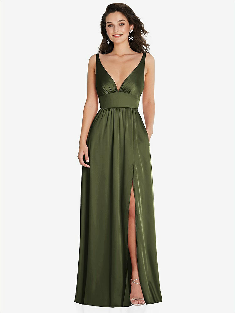 【STYLE: TH093】Deep V-Neck Shirred Skirt Maxi Dress with Convertible Straps【COLOR: Olive Green】