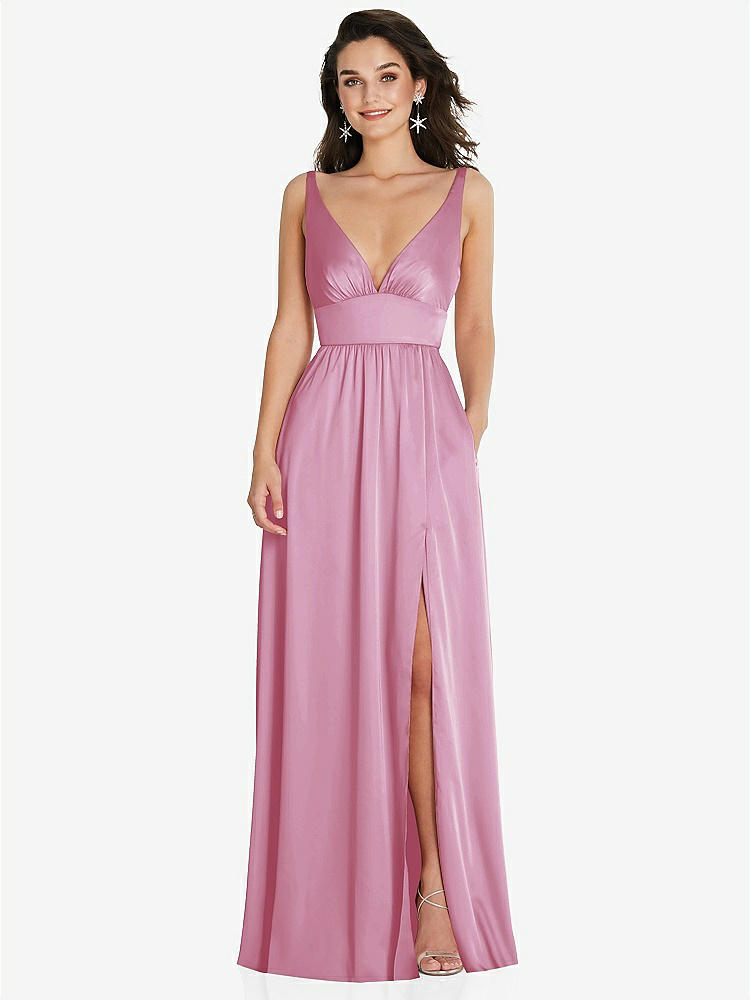 【STYLE: TH093】Deep V-Neck Shirred Skirt Maxi Dress with Convertible Straps【COLOR: Powder Pink】