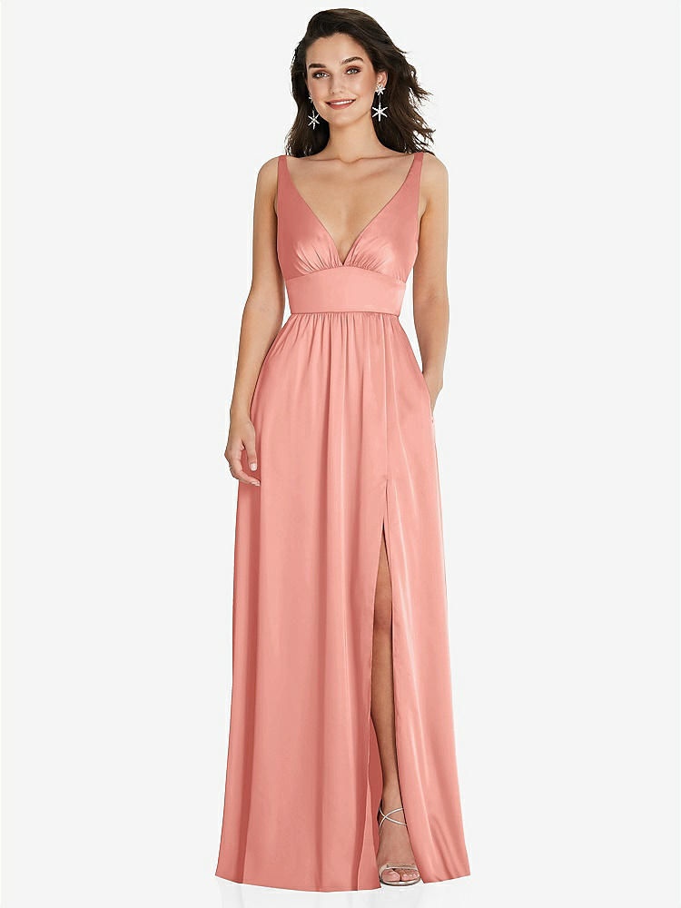 【STYLE: TH093】Deep V-Neck Shirred Skirt Maxi Dress with Convertible Straps【COLOR: Rose - PANTONE Rose Quartz】