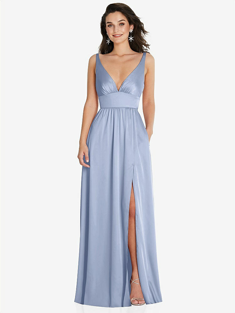 【STYLE: TH093】Deep V-Neck Shirred Skirt Maxi Dress with Convertible Straps【COLOR: Sky Blue】