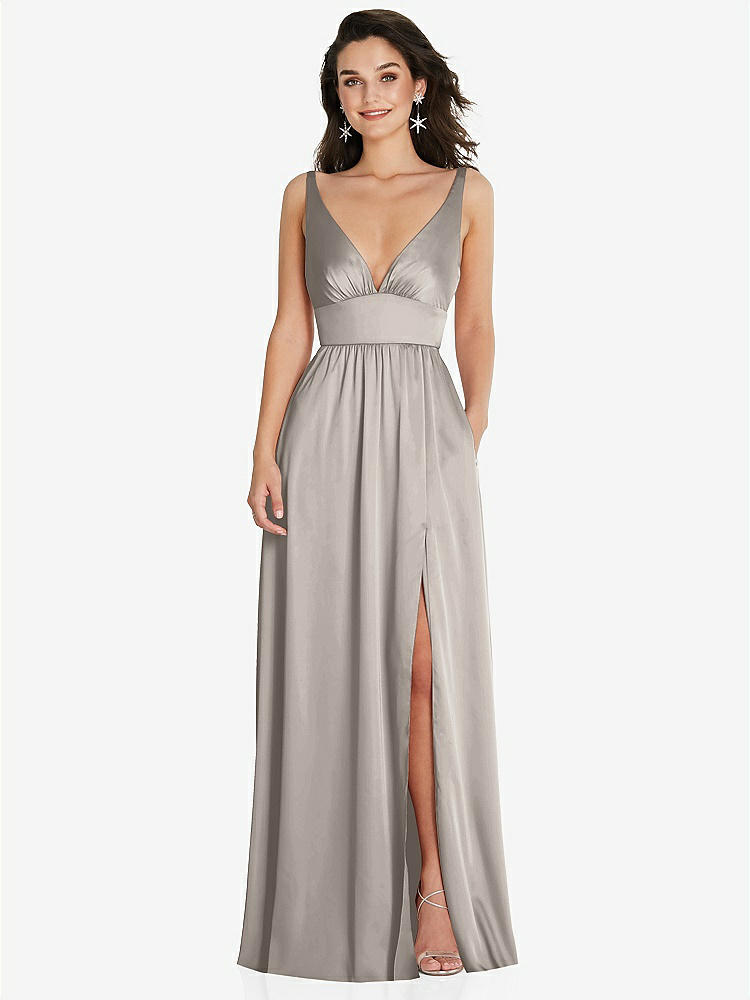 【STYLE: TH093】Deep V-Neck Shirred Skirt Maxi Dress with Convertible Straps【COLOR: Taupe】