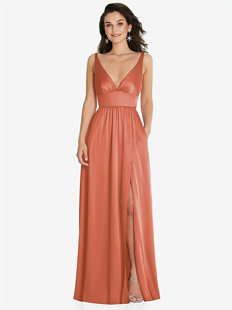 【NEW】【STYLE: TH093】ディープ Vネック Shirred スカート マキシ ドレス コンバーチブル ストラップ【COLOR: Terracotta Copper】【SIZE: 00-30W】