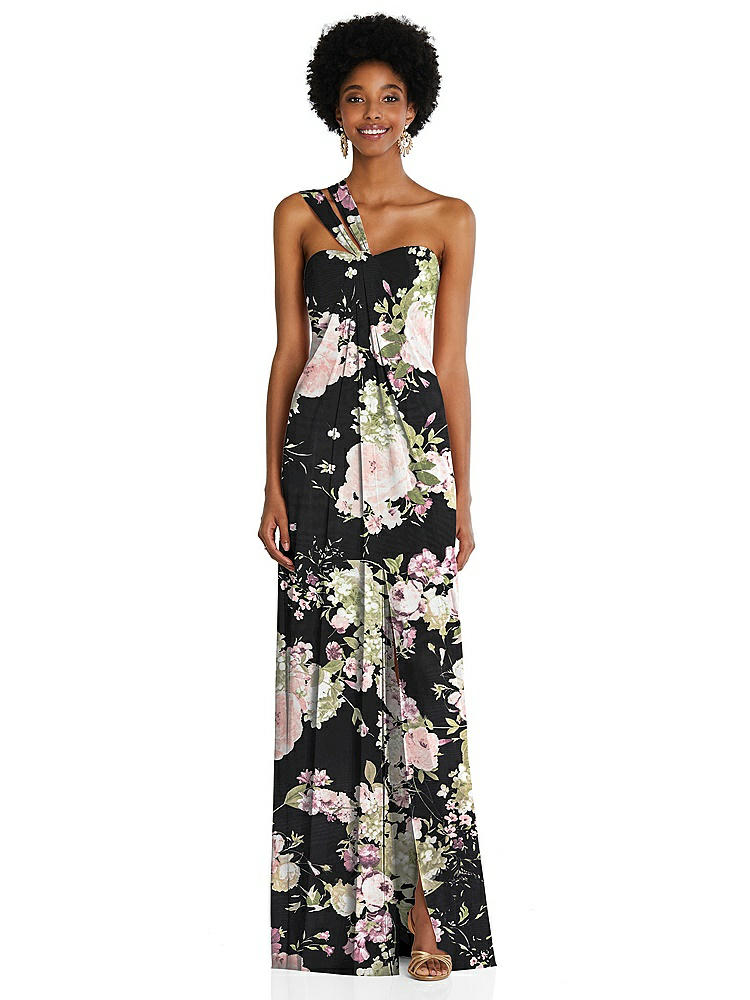【STYLE: 3109】Draped Chiffon Grecian Column Gown with Convertible Straps【COLOR: Noir Garden】