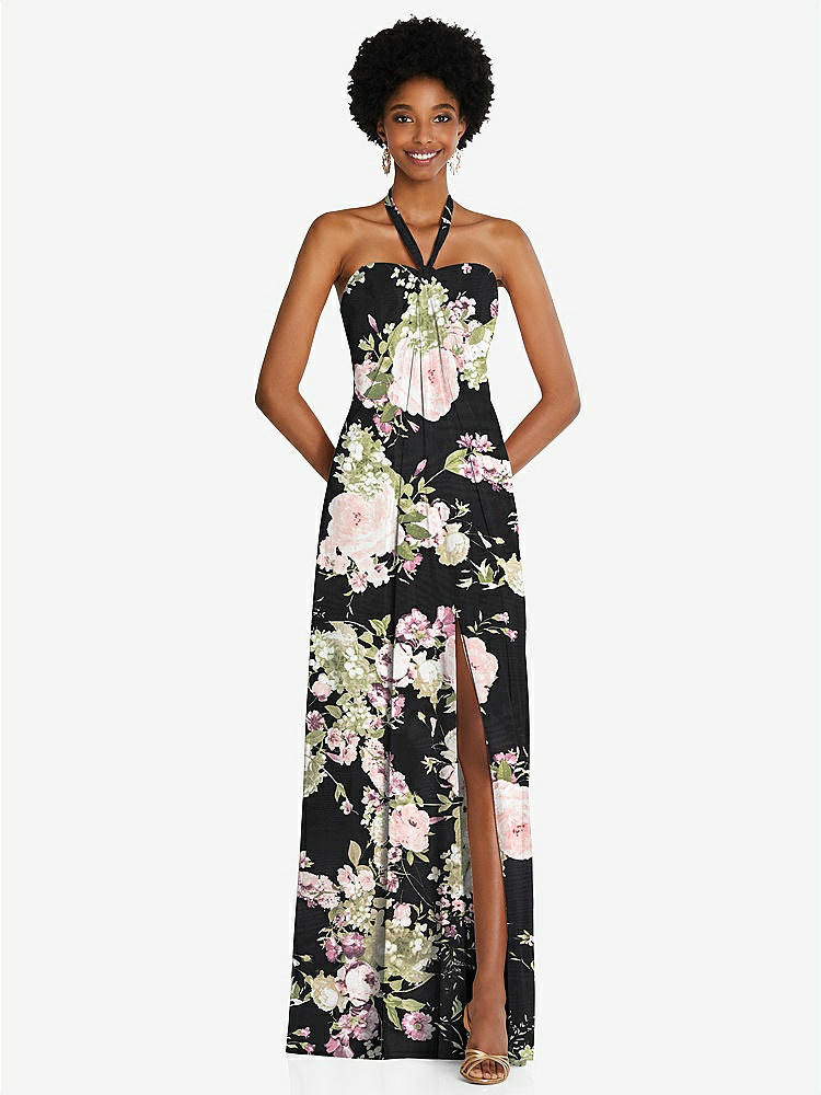 【STYLE: 3109】Draped Chiffon Grecian Column Gown with Convertible Straps【COLOR: Noir Garden】