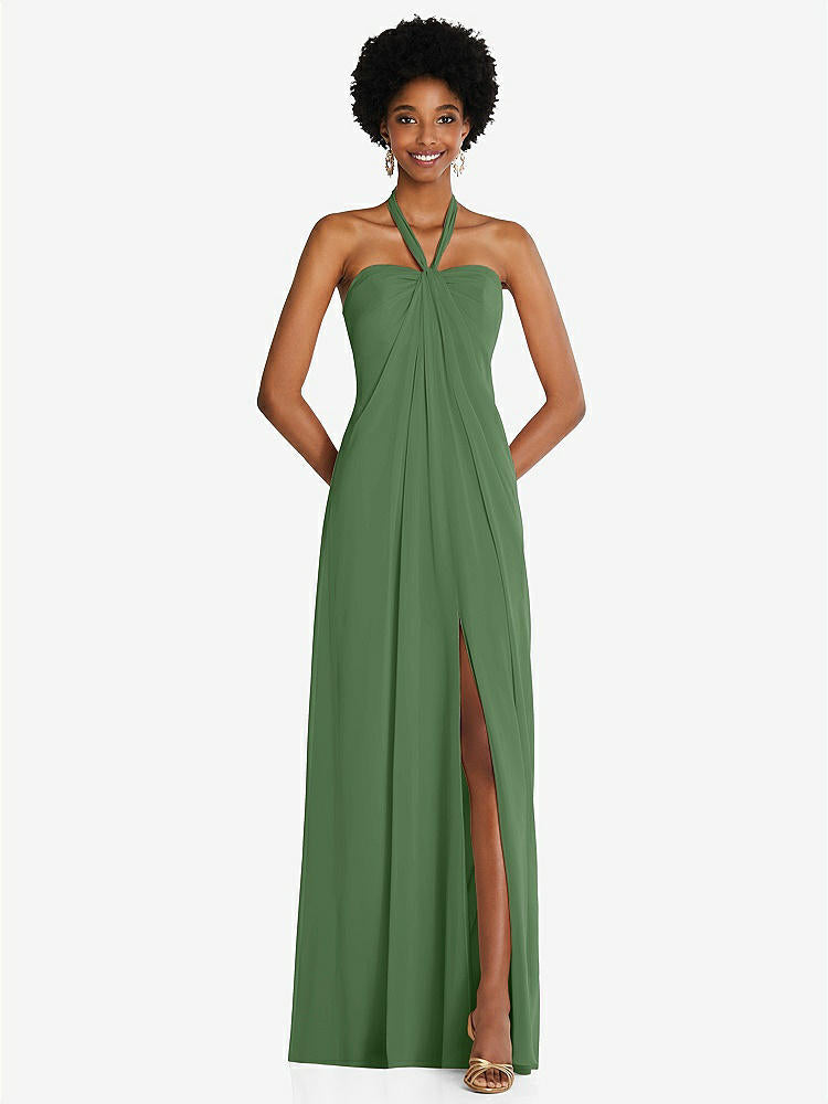 【STYLE: 3109】Draped Chiffon Grecian Column Gown with Convertible Straps【COLOR: Vineyard Green】