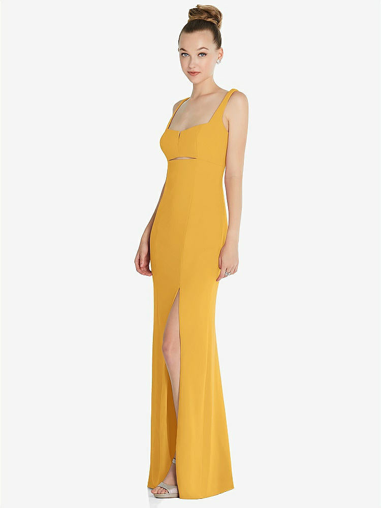【STYLE: 6852】Wide Strap Slash Cutout Empire Dress with Front Slit【COLOR: NYC Yellow】