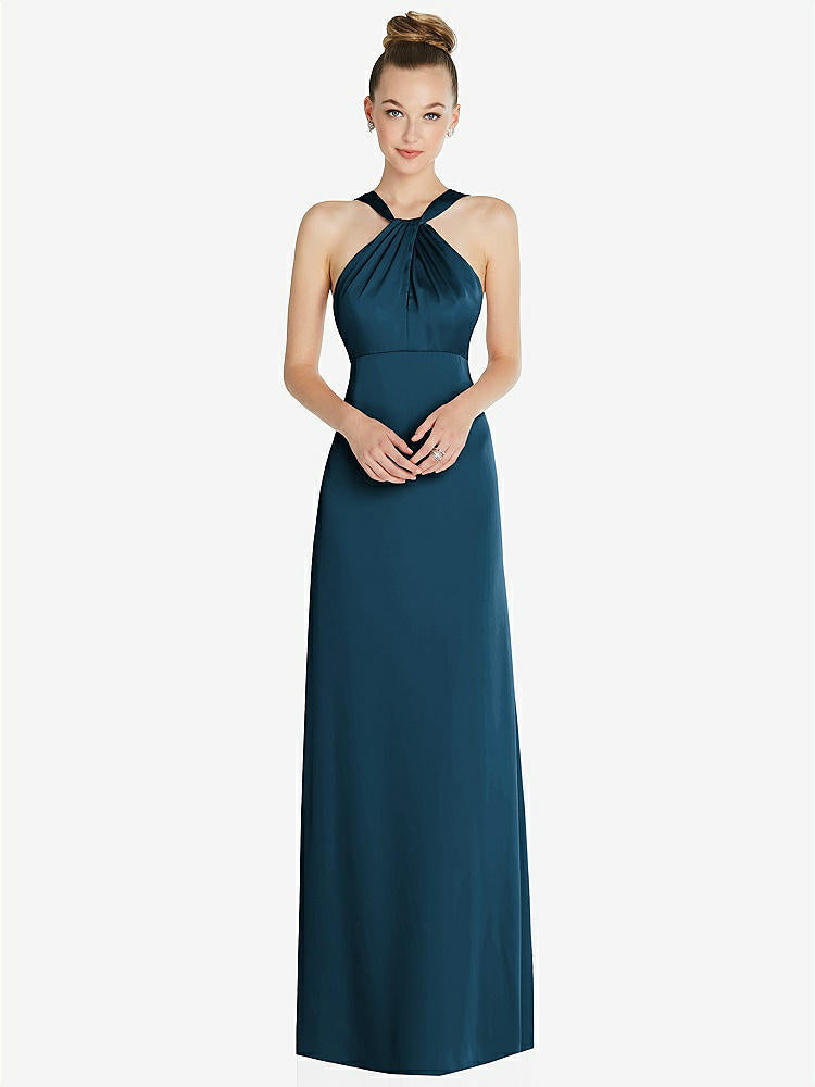 【STYLE: 6855】Draped Twist Halter Low-Back Satin Empire Dress【COLOR: Atlantic Blue】