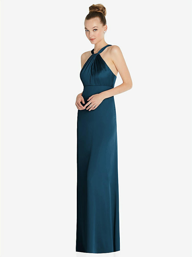 【STYLE: 6855】Draped Twist Halter Low-Back Satin Empire Dress【COLOR: Atlantic Blue】