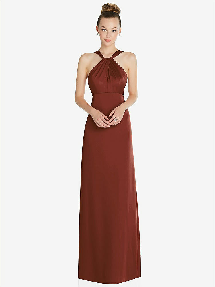 【STYLE: 6855】Draped Twist Halter Low-Back Satin Empire Dress【COLOR: Auburn Moon】