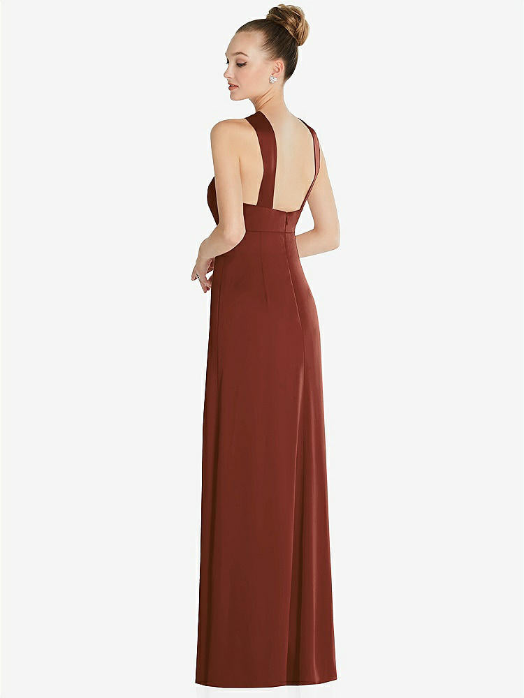 【STYLE: 6855】Draped Twist Halter Low-Back Satin Empire Dress【COLOR: Auburn Moon】