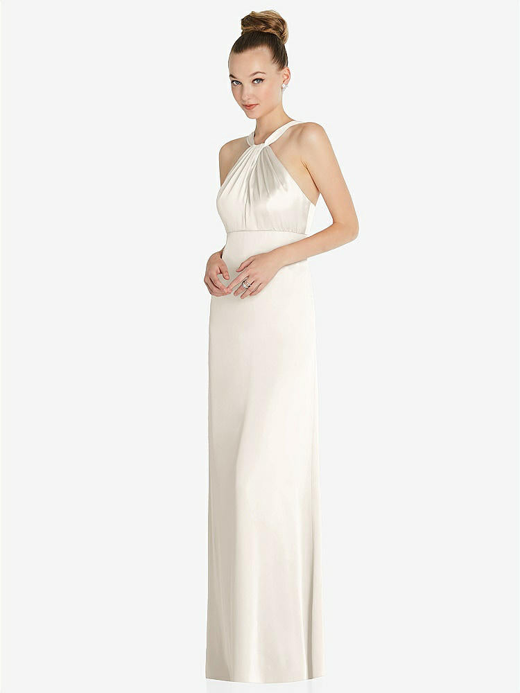 【STYLE: 6855】Draped Twist Halter Low-Back Satin Empire Dress【COLOR: Ivory】