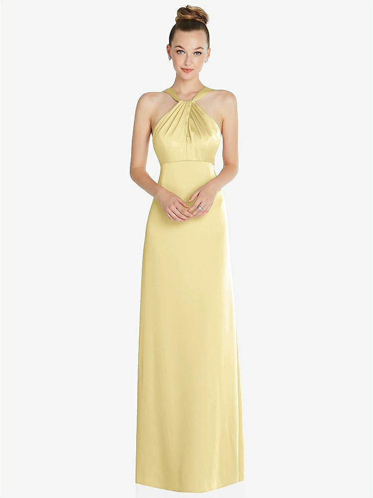 【STYLE: 6855】Draped Twist Halter Low-Back Satin Empire Dress【COLOR: Pale Yellow】