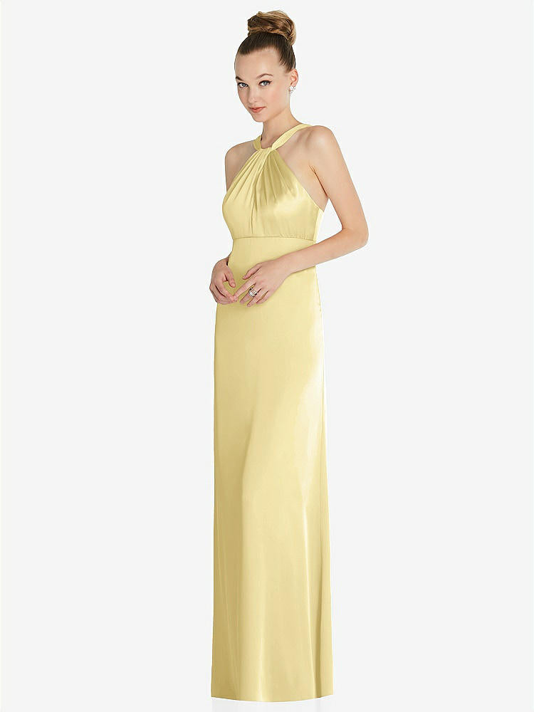 【STYLE: 6855】Draped Twist Halter Low-Back Satin Empire Dress【COLOR: Pale Yellow】