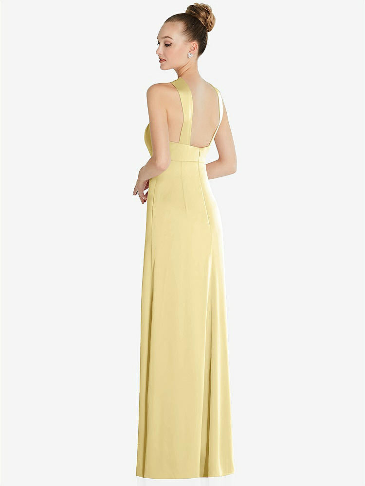 【STYLE: 6855】Draped Twist Halter Low-Back Satin Empire Dress【COLOR: Pale Yellow】