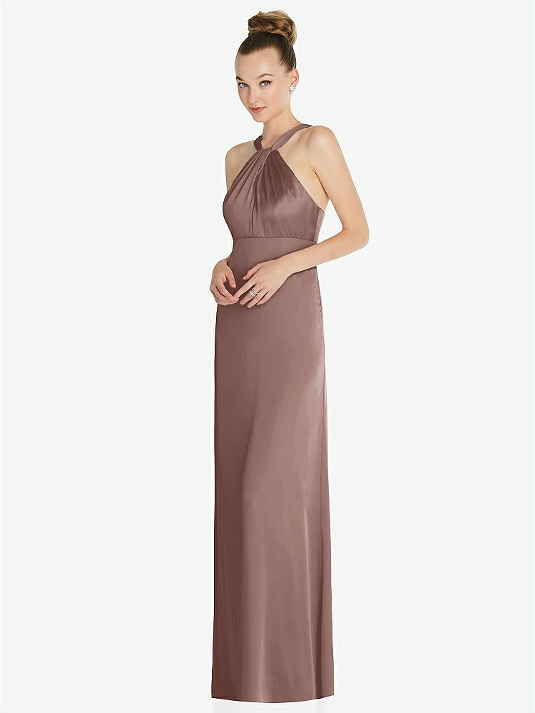 【STYLE: 6855】Draped Twist Halter Low-Back Satin Empire Dress【COLOR: Sienna】