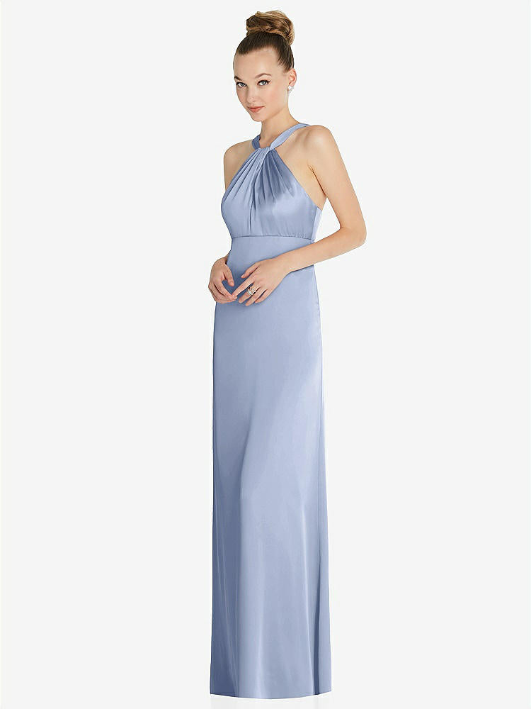 【STYLE: 6855】Draped Twist Halter Low-Back Satin Empire Dress【COLOR: Sky Blue】