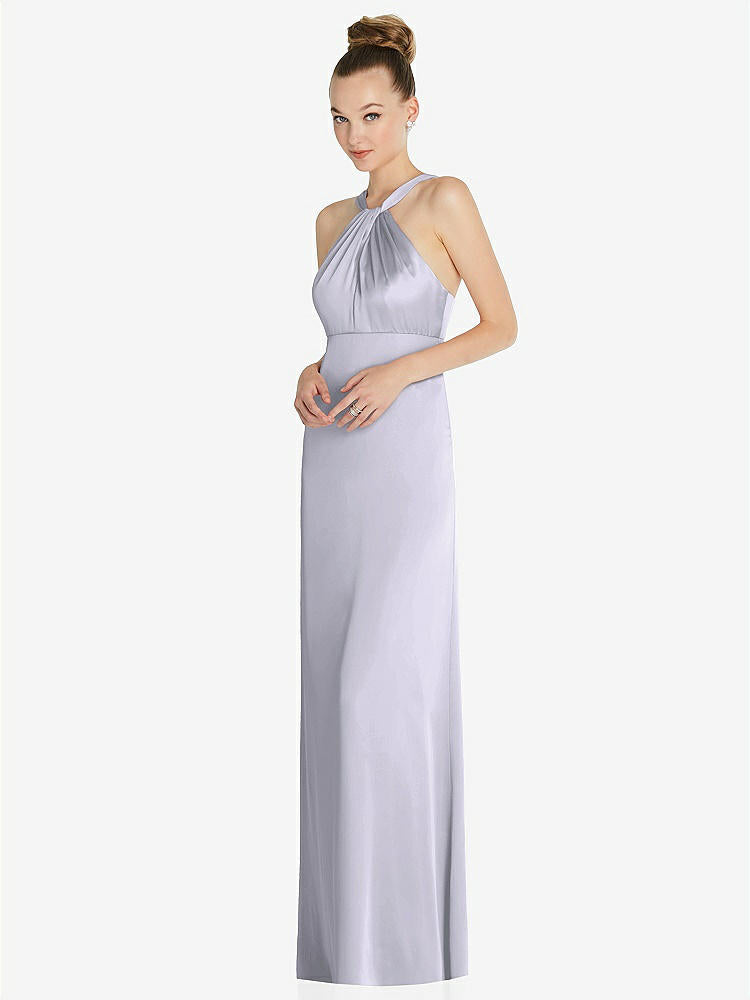 【STYLE: 6855】Draped Twist Halter Low-Back Satin Empire Dress【COLOR: Silver Dove】