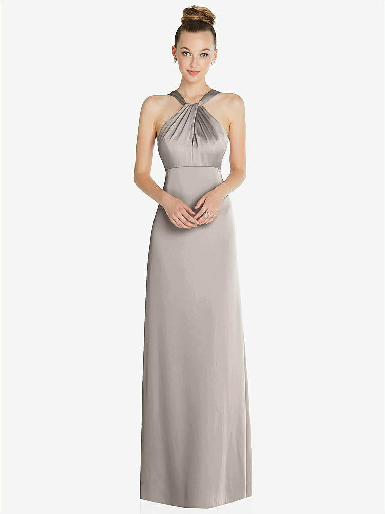 【STYLE: 6855】Draped Twist Halter Low-Back Satin Empire Dress【COLOR: Taupe】