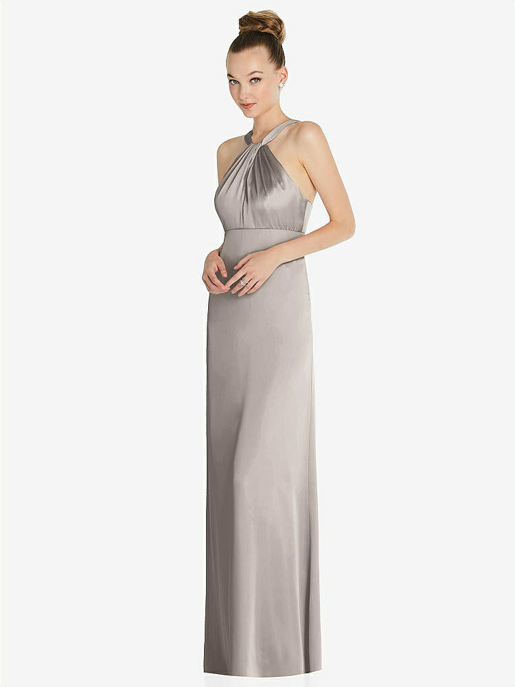 【STYLE: 6855】Draped Twist Halter Low-Back Satin Empire Dress【COLOR: Taupe】