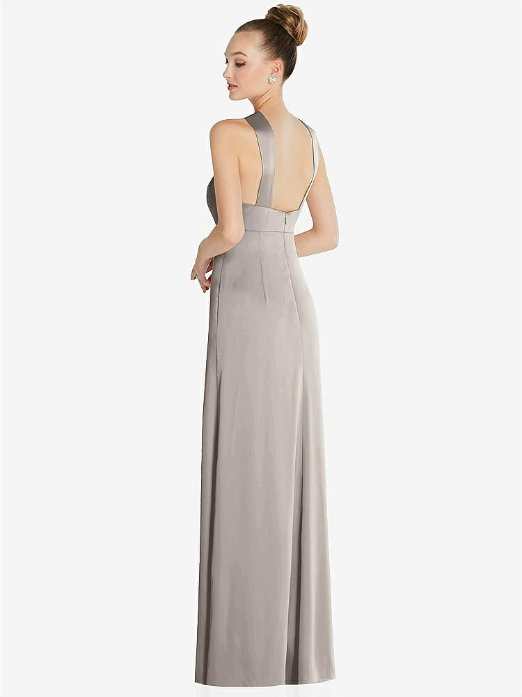 【STYLE: 6855】Draped Twist Halter Low-Back Satin Empire Dress【COLOR: Taupe】