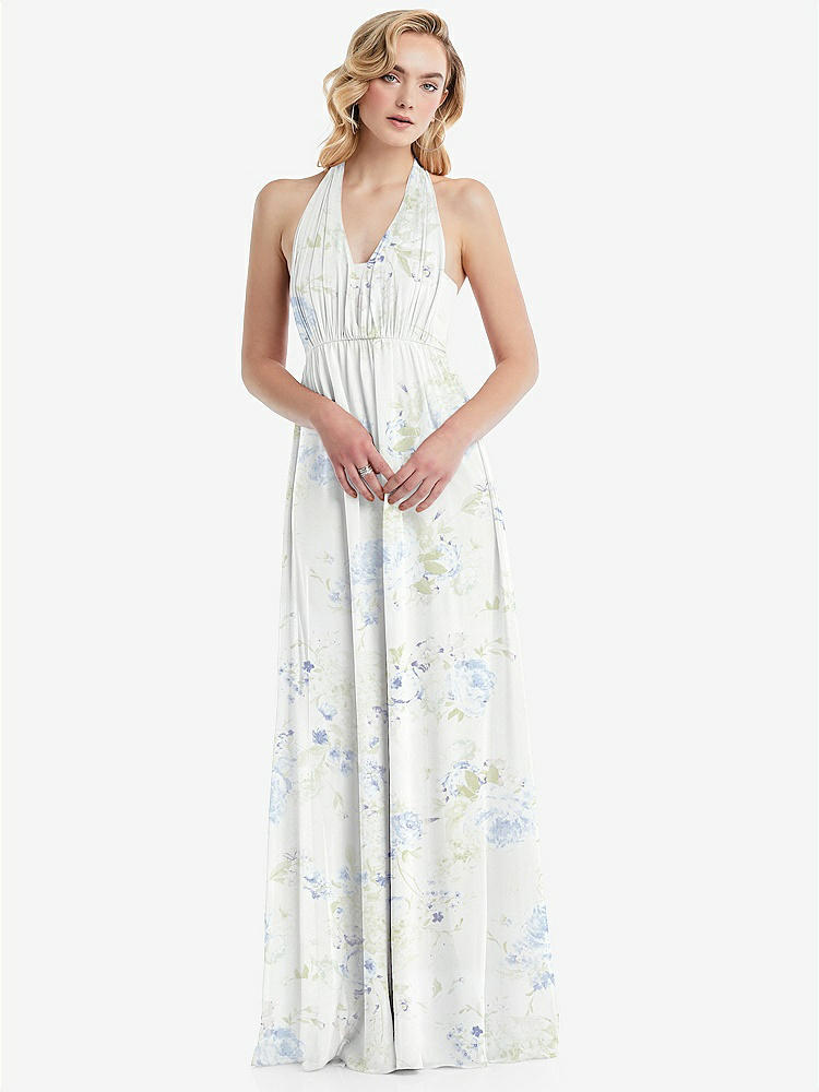 【NEW】【STYLE: TH095】エンパイア ウエスト シャイレッド スカート コンバーチブル サッシ ネクタイ マキシ ドレス【COLOR: Bleu Garden】【SIZE: 00-30W】