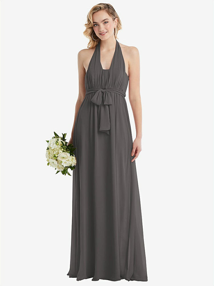 【NEW】【STYLE: TH095】エンパイア ウエスト シャイレッド スカート コンバーチブル サッシ ネクタイ マキシ ドレス【COLOR: Caviar Gray】【SIZE: 00-30W】