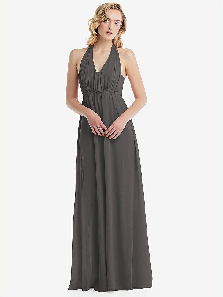 【NEW】【STYLE: TH095】エンパイア ウエスト シャイレッド スカート コンバーチブル サッシ ネクタイ マキシ ドレス【COLOR: Caviar Gray】【SIZE: 00-30W】