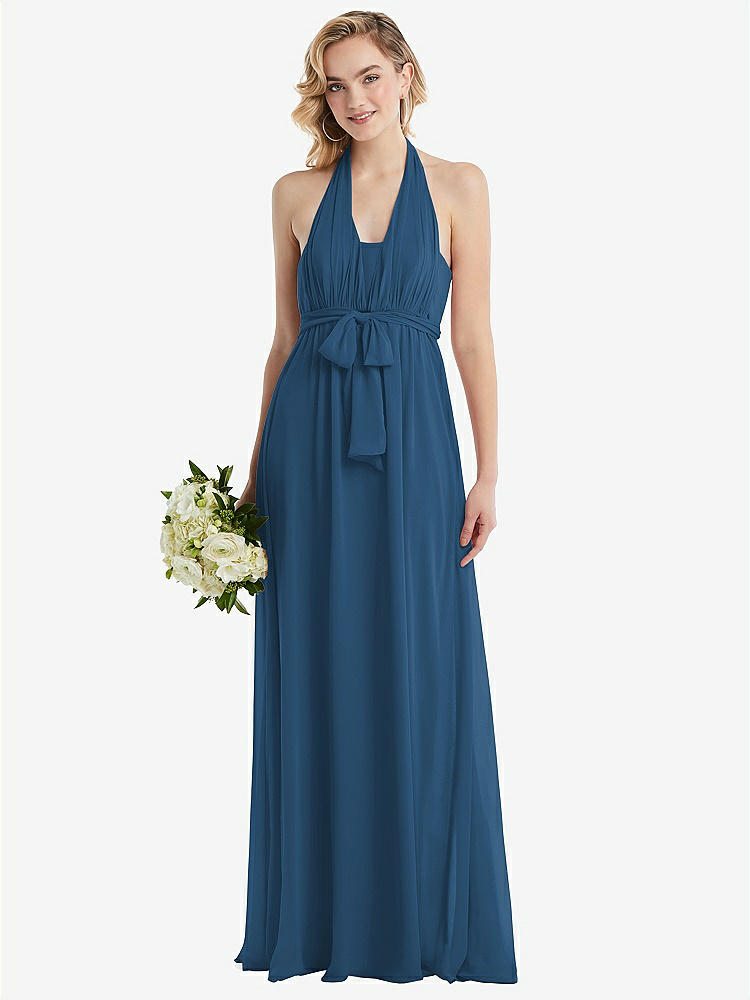 【STYLE: TH095】Empire Waist Shirred Skirt Convertible Sash Tie Maxi Dress【COLOR: Dusk Blue】